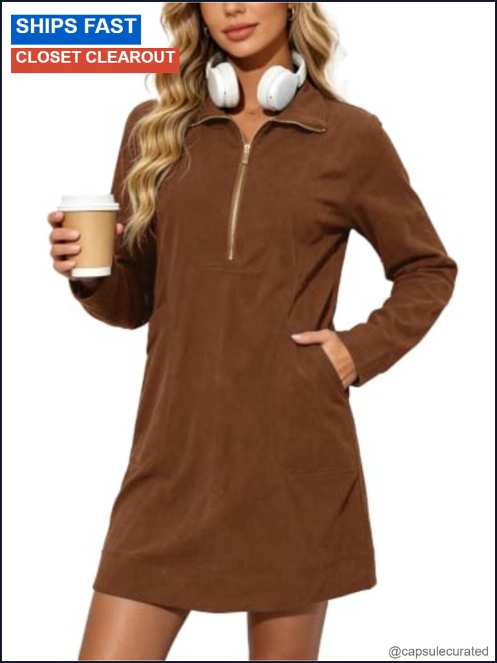 Corduroy Half Zip Short Tunic Dress Side Slits Long Sleeve Casual